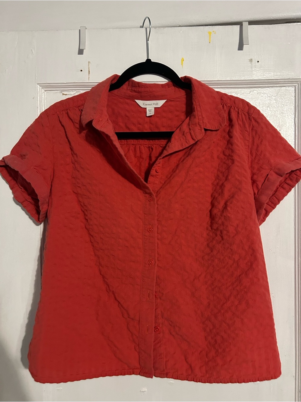 Garnet Hill Coral-Red Short Sleeve Button-Front Shirt